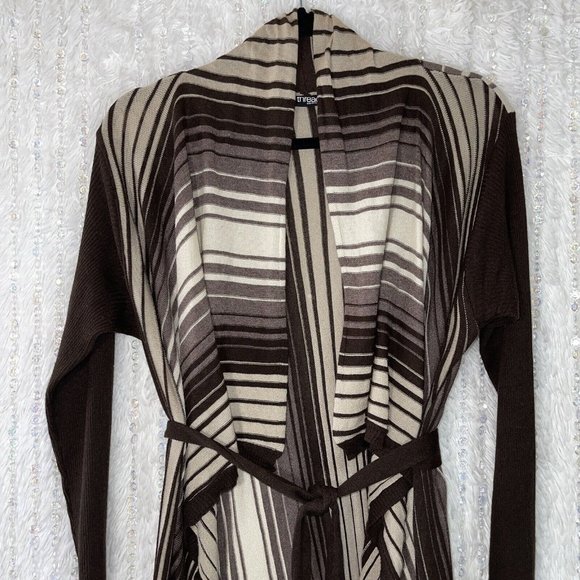 THREADS Open Drape Belted Cardigan Sweater Womens LARGE Light Knit Brown Striped - Picture 3 of 8